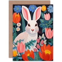 Artery8 Bunny Rabbit Colourful Bold Vibrant Flowers Easter Kids Greeting Card