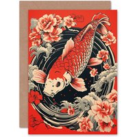 Artery8 Koi Fish Japanese Floral for Wife Her Birthday Thank You Greeting Card in Red