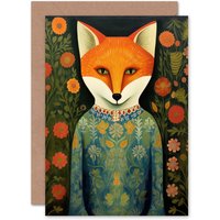 Artery8 Fox Flaunting Fancy Floral Frock Flower Field Fun Birthday Greeting Card in Orange