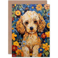 Artery8 Cockapoo Puppy Bold Floral Fun Birthday Thank You Kids Greeting Card in Blue