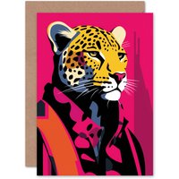 Artery8 Leopard in Loungewear Hot Pink Vibrant for Him Her Birthday Greeting Card