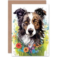 Artery8 Border Collie Dog Lover Floral Wildflowers Birthday Greeting Card in Brown