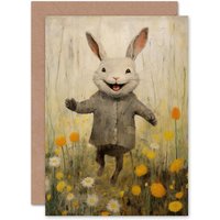 Artery8 Raincoat Rabbit Happy Easter Bunny for Child Kids Birthday Greeting Card in Grey