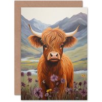 Artery8 Highland Calf Cow in Heather Scotland Kids Birthday Greeting Card in Brown