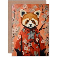 Artery8 Red Panda in Kimono Cherry Blossom Trees Japan Birthday Greeting Card