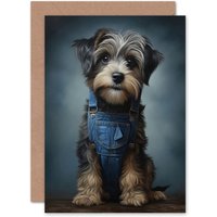 Artery8 Adorable Snorkie Dog in Blue Jean Dungarees Child Kids Greeting Card in Grey