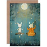 Artery8 Rabbits on a Swing with Moonlit Butterflies Kids Birthday Greeting Card in Blue