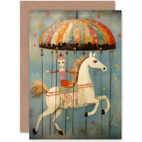 Artery8 Folk Art Whimsical Carousel Fairground Child Kids Birthday Greeting Card in Blue