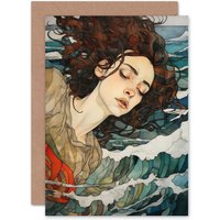Artery8 Dreaming of the Sea Woman Sleeping Egon Schiele Style Greeting Card in Blue