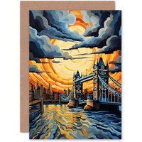 Artery8 London Tower Bridge Sunset Vibrant River Thames Birthday Greeting Card in Orange