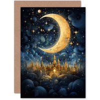 Artery8 Golden City in the Clouds Surreal Fairytale Kids Birthday Greeting Card in Black