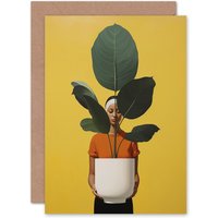 Artery8 Rubber Tree Woman With Plant Gardening Lover Birthday Greeting Card in Yellow