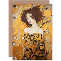 Artery8 Woman Portrait Gustav Klimt Style Art Nouveau Birthday Greeting Card in Yellow