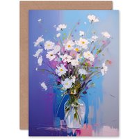 Artery8 White Daisy Bouquet Wildflower Blooms Birthday Thank You Greeting Card in Blue