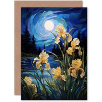 Artery8 Ethereal Irises Moonlit Oil Painting Floral Flowers for Her Greeting Card in Blue
