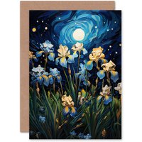 Artery8 Ethereal Irises at Full Moon Moonlit Flowers Birthday Greeting Card in Blue