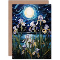 Artery8 Iris by Moonlit Sea Flowers Ocean Full Moon Get Well Soon Greeting Card in Blue