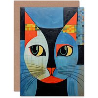 Artery8 Cat Lovers Mosaic Tile Thinking of You Get Well Soon Greeting Card in Blue