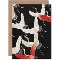 Artery8 Japanese Crane Bird Pattern for Him Her for All Occasions Greeting Card in Black