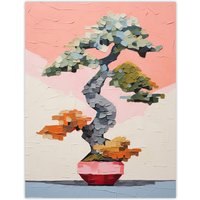 Artery8 Wall Art Print Japanese Bonsai Tree Plant Pot Thick Palette Knife Oil Painting Poster in Pink | Size: W18" x H24"