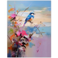 Artery8 Wall Art Print Kingfisher Bird & Flowers Oil Painting Abstract Sandy Beach Poster in Blue | Size: W18" x H24"