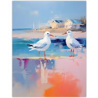 Artery8 Wall Art Print Seagull Birds Oil Painting Pastel Colour Pink Blue Orange Coastal Landscape Bathroom Artwork Poster | Size: W18" x H24"