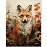 Artery8 Wall Art Print Red Fox w/ Wildflowers Watercolour Painting Amber Cream Grey Woodland Creature in Autumn Field Floral Animal Portrait Poster