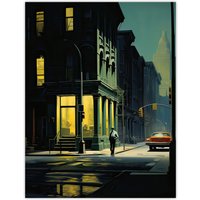 Artery8 Wall Art Print New York at Dawn Edward Hopper Style Oil Painting Yellow Green Blue Man Walking in Empty City Street Poster | Size: W18" x H24"