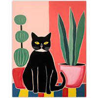 Artery8 Wall Art Print Black Cat & Succulents Henri Matisse Style Oil Painting Simple Pet Portrait with Potted Plants Poster | Size: W18" x H24"