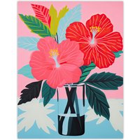Artery8 Wall Art Print Hibiscus Flowers in Vase Stylised Graphic Painting Pink Blue Green Still Life Poster | Size: W18" x H24"