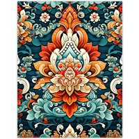Artery8 Wall Art Print Hindu Floral Pattern Close Up Detail Ornate Design in Amber & Blue Poster | Size: W18" x H24"