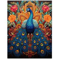 Artery8 Wall Art Print Royal Peacock Oil Painting Blue Orange Pink Exotic Bird Symmetrical Floral Portrait Poster | Size: W18" x H24"