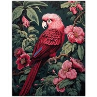 Artery8 Wall Art Print Parrot on Blooming Flower Tree Branch Vintage Painting Burgundy Pink Green Jungle Bird Portrait Poster | Size: W18" x H24"