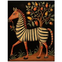 Artery8 Wall Art Print Whimsical Zebra Posing by Fruit Tree Orange Grey Green Medieval Bestiary Style Surreal Oil Painting Poster | Size: W18" x H24"