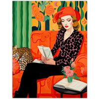 Artery8 Wall Art Print Retro Chic Oil Painting Orange Green Lounge Portrait Woman & Leopard on Couch Poster | Size: W24" x H32"