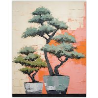 Artery8 Wall Art Print Two Japanese Bonsai Tree Plant Pots Thick Palette Knife Oil Painting Poster in Pink | Size: W24" x H32"