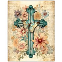 Artery8 Wall Art Print Flowery Cross Upcycle Watercolour Painting Pastel Colour Flower Blooms & Butterfly Poster in Beige | Size: W24" x H32"