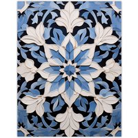 Artery8 Wall Art Print Blue Arabesque Flower Design Ornate Symmetrical Floral Pattern Poster | Size: W24" x H32"