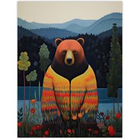 Wall Art Print Hippie Bear Lake Colourful Oil Painting Orange Green Forest Landscape Bedroom Poster W24" x H32"