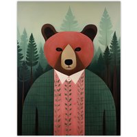 Artery8 Wall Art Print Mr Bear Portrait Oil Painting Pink Brown Green Misty Forest Landscape Kids Bedroom Poster | Size: W24" x H32"