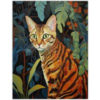 Artery8 Wall Art Print Bengal Cat Botanical Oil Painting Orange Green Blue Garden Plant Leaves Poster | Size: W24" x H32"