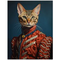 Artery8 Wall Art Print Bengal Aristocrat Oil Painting Orange Red Blue Cat Lover Pet Portrait Poster | Size: W24" x H32"