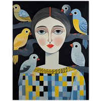 Artery8 Wall Art Print The Bird Lady Surreal Oil Painting Blue Yellow Grey Dryad Portrait Poster | Size: W24" x H32"