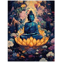 Artery8 Wall Art Print Buddha in Lotus Flower Nirvana Concept Art Blue Orange Pink Floral Psychedelic Painting Poster | Size: W24" x H32"