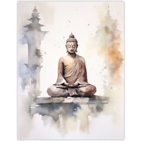 Artery8 Wall Art Print Buddha Vihara Meditation Prayer Soft Neutral Watercolour Painting Poster in Beige | Size: W24" x H32"