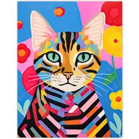 Wall Art Print Abstract Stripey Cat Vibrant Oil Painting Bright Floral Pet Portrait Bedroom Poster W24" x H32"