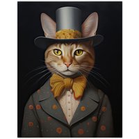 Artery8 Wall Art Print Mr Buttons Oil Painting Tan Grey Cream Elegant Cat Portrait with Bow Tie & Top Hat Poster | Size: W24" x H32"