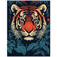 Artery8 Wall Art Print Fierce Bengal Tiger Emerging from Bushes Wildlife Painting Blue Orange Botanical Portrait Poster | Size: W24" x H32"
