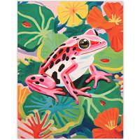 Artery8 Wall Art Print Pink Frog on Lily Pads Vibrant Oil Painting Pond with Amphibian & Blooming Flowers Poster | Size: W24" x H32"