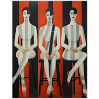 Artery8 Wall Art Print Jailhouse Rock Conceptual Vintage Style Oil Painting Red Grey White Striped Musician Female Trio Poster | Size: W24" x H32"